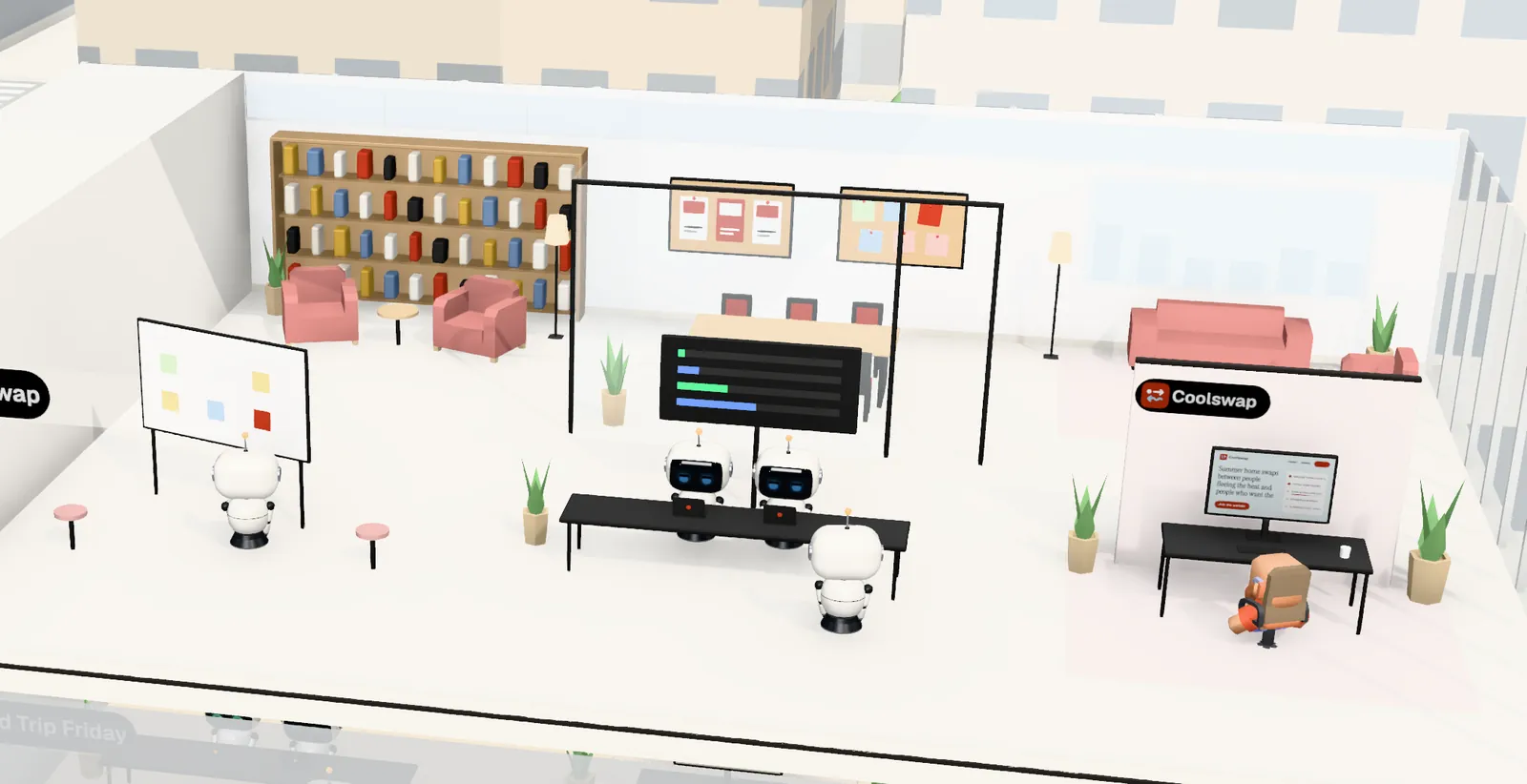 Coolswap’s office on floor 3 of Tower 1: the owner’s desk with the website on screen, the agents’ bench, a meeting room and a library